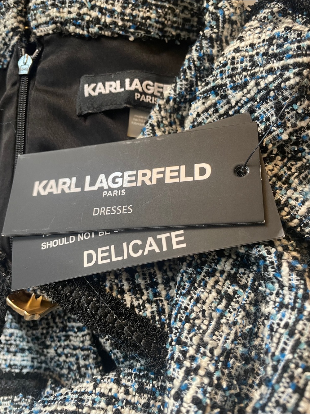 NWT Karl Lagerfeld Tweed knit short sleeve shirt dress Sz 16 Black, white, blue - Picture 7 of 9